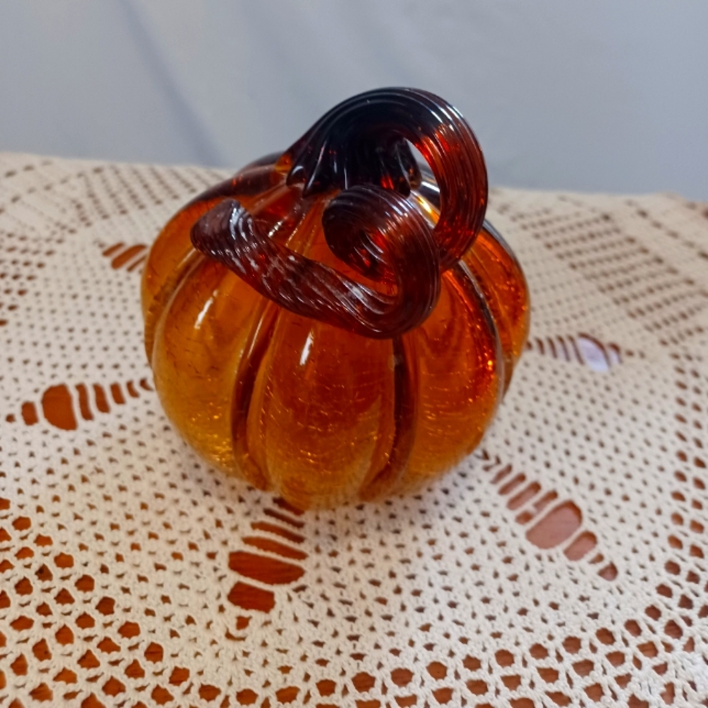 Vintage ArtGlass HandBlown Amber Crackle Glass Pumpkin 5,"  SandECollectibles